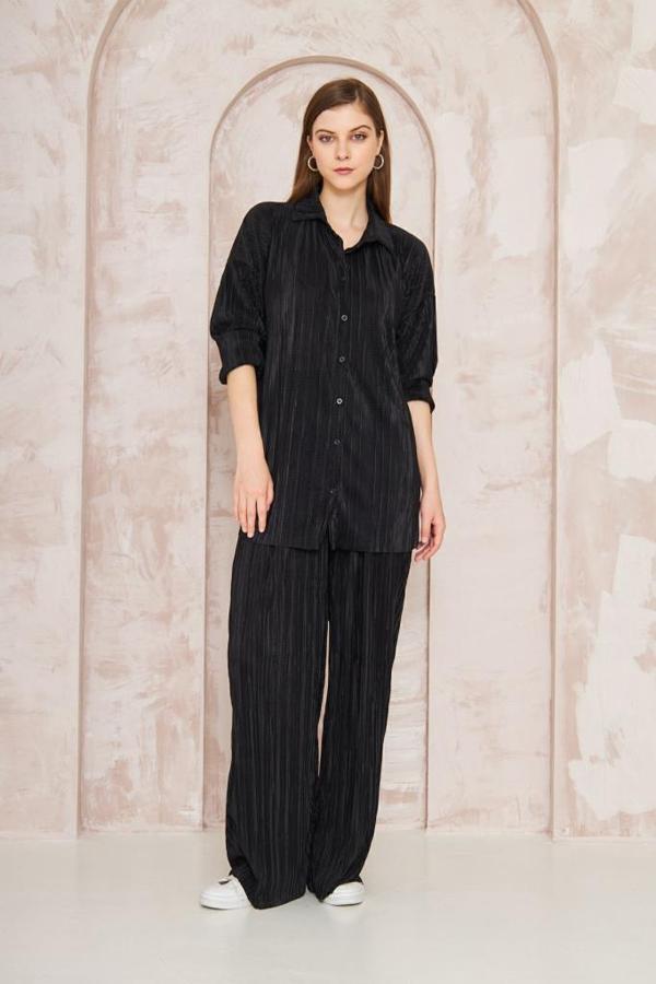 Kadın Pliseli Beli Lastikli Pantolon Tunik Gömlek Ikili Bürümcük Salaş Takım 3573330 - Image 1