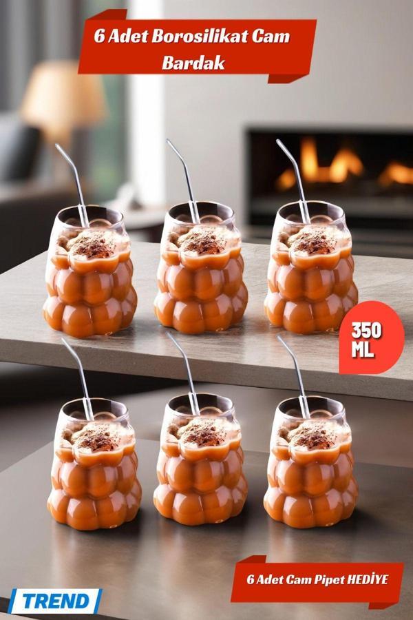 6 Adet Üzüm Model Borosilikat Kokteyl  Soğuk Sıcak Kahve Meşrubat Bardağı 6 Cam Pipet Hediye 350 ML - Image 1