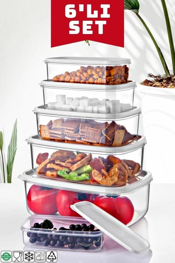 6 Lı Dikdörtgen Beyaz Saklama Kabı Seti 300 ml-500 ml 800 ml 1200 ml 1900 ml 2900 ml - Image 1
