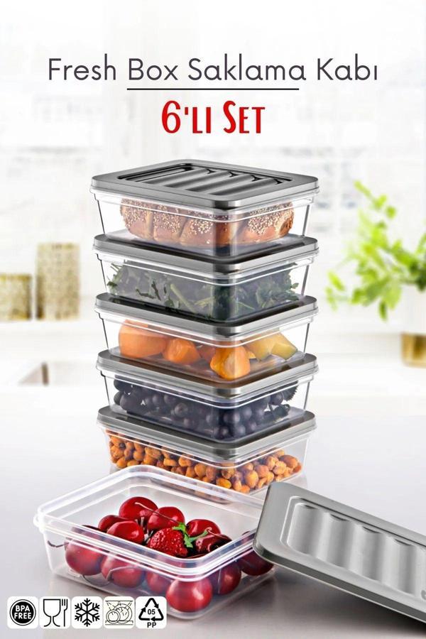 6 Lı Set Freshbox Mikrodalga Ve Difrize Uygun Saklama Kabı Set - X6 0,6 Lt Gri - Image 1