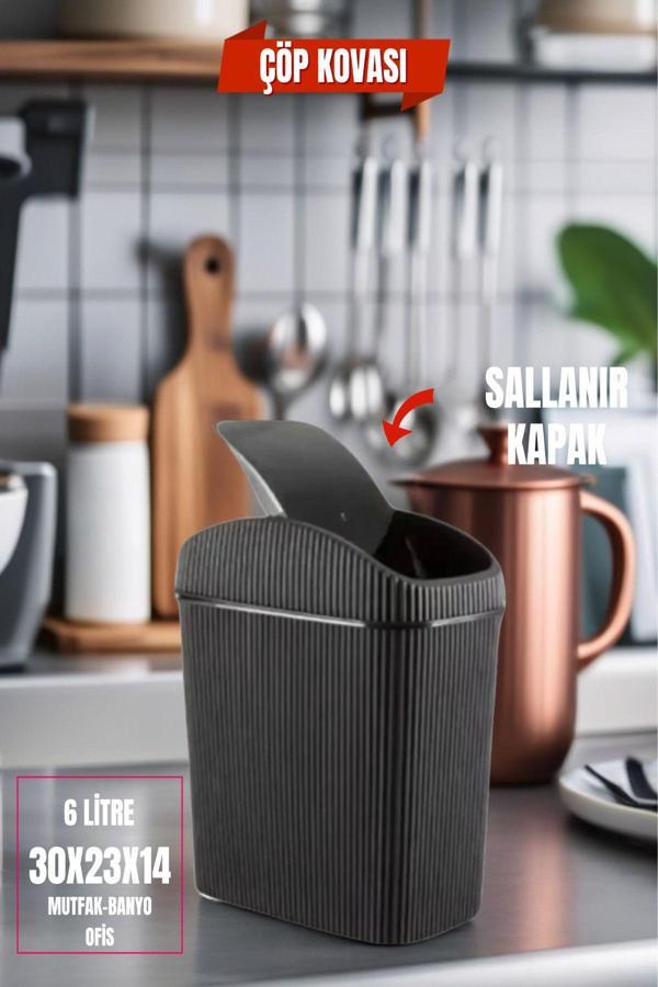 6 Lt Çöp Kovası, Mutfak, Banyo, Tuvalet, Ofis Çöp Kutusu Siyah - Image 1