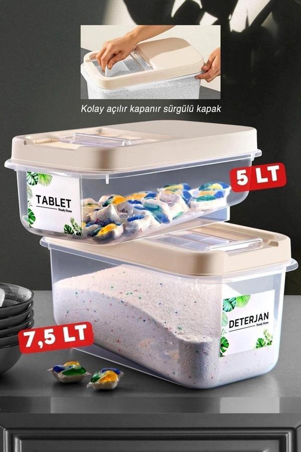 Kolay Kayar Kapaklı Etiketli 2'li Set Multibox Tablet/deterjan Saklama Kutusu Bej - Image 1