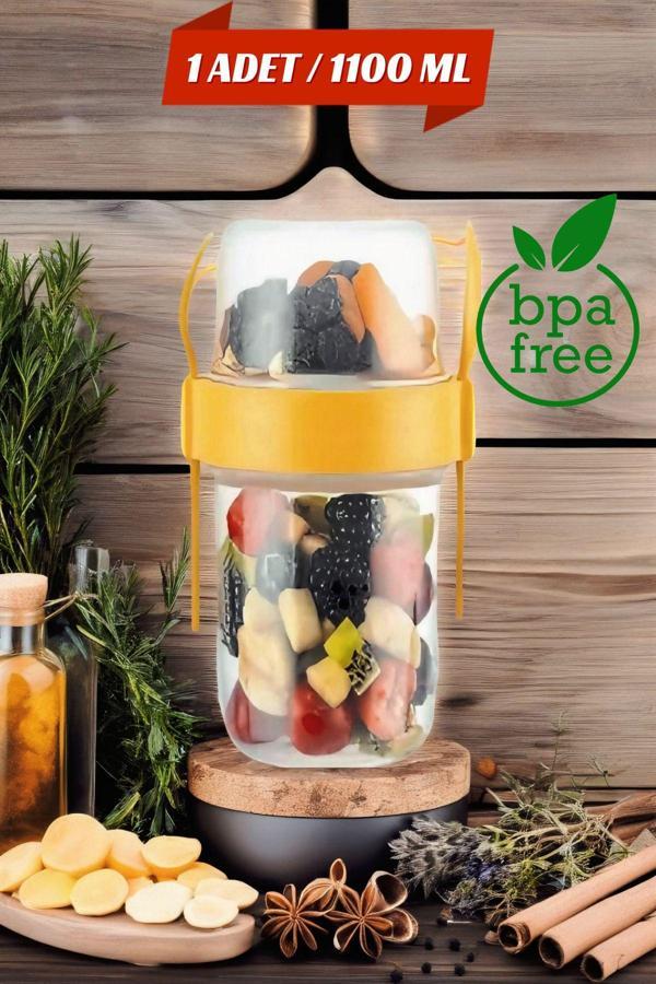 1 ADET Diyet & Kahvaltı için Çatal & Kaşıklı Kapaklı Yoğurt Müsli Salata Meyve Saklama Kabı - 1100ml - Image 1