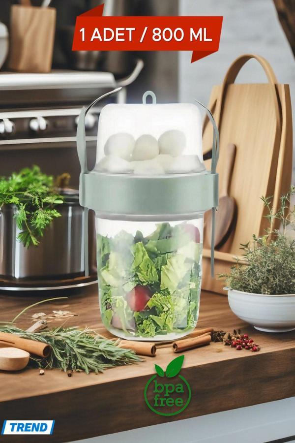 1 ADET Diyet & Kahvaltı için Çatal & Kaşıklı Kapaklı Yoğurt Müsli Salata Meyve Saklama Kabı - 800 ml - Image 1