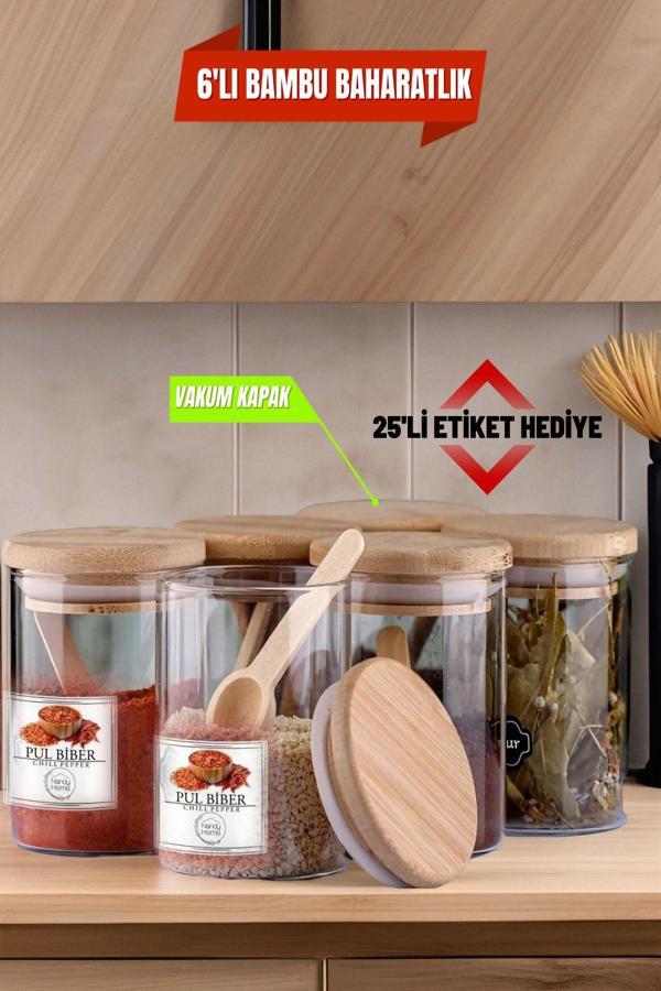 6'lı Cam Vakumlu Bambu Kapaklı Borosilikat Baharatlık, Saklama Kabı, Çerezlik (200 ml) - Image 1