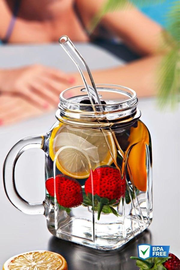 1 Adet Kavanoz Bardak Pipet Hediyeli Set Model Kokteyl Soğuk Kahve Meşrubat Bardak Seti - Image 1