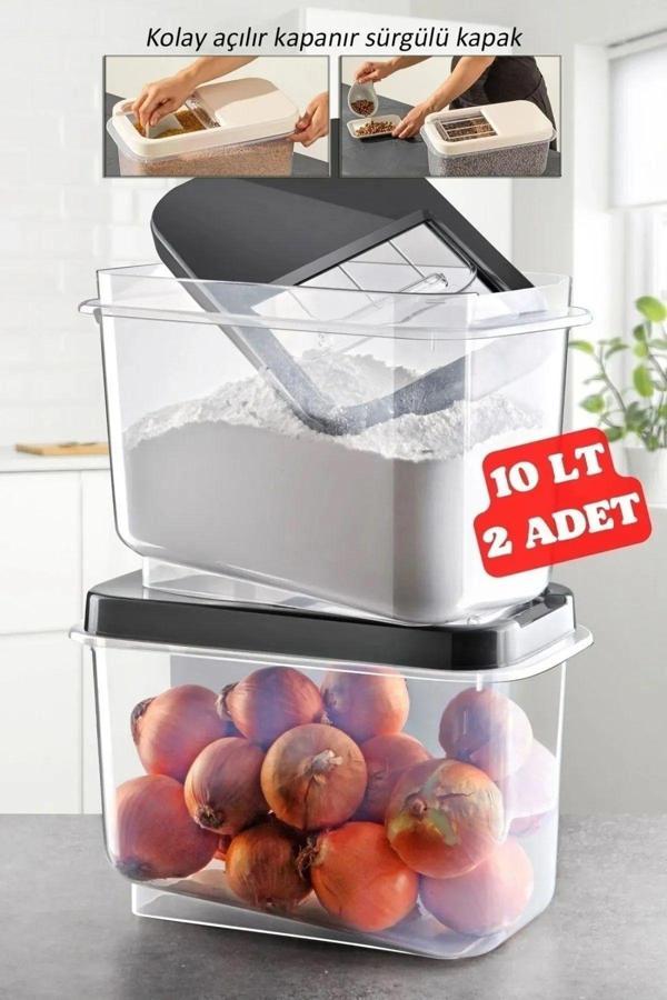 2'li Multibox 10 Lt Bakliyat Saklama Kabı - Kayar Kapaklı Erzak Saklama Kabı Un Kabı Antrasit - Image 1