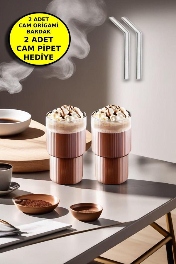 2'li Origami Cam Model Borosilikat Soğuk Kahve Kokteyl Meşrubat Bardak 300 Ml-2'li Cam Pipet Hediye - Image 1