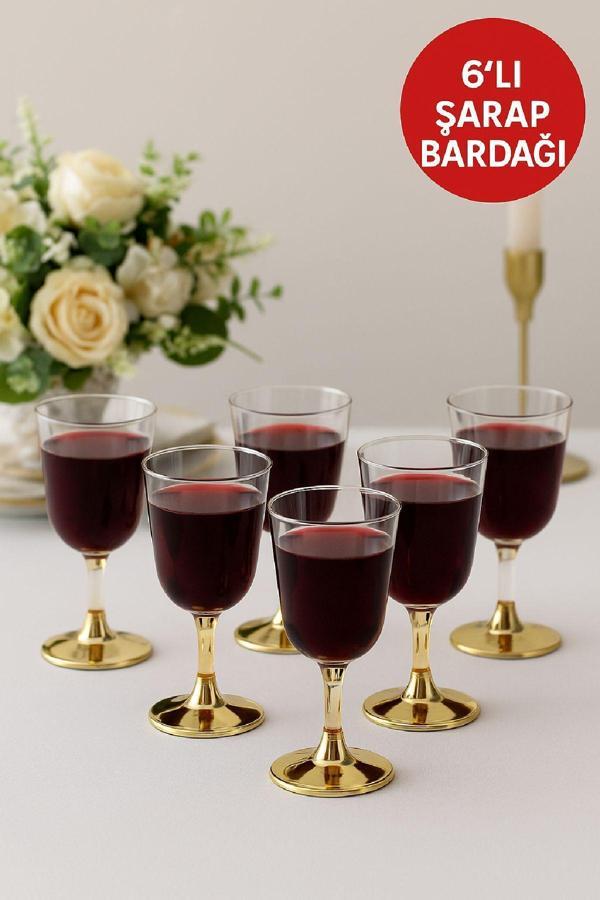 6'lı Gold Base Plastik Şarap Bardağı Düğün, Davet, Organizasyon, Parti için Dayanıklı 150 ml - Image 1