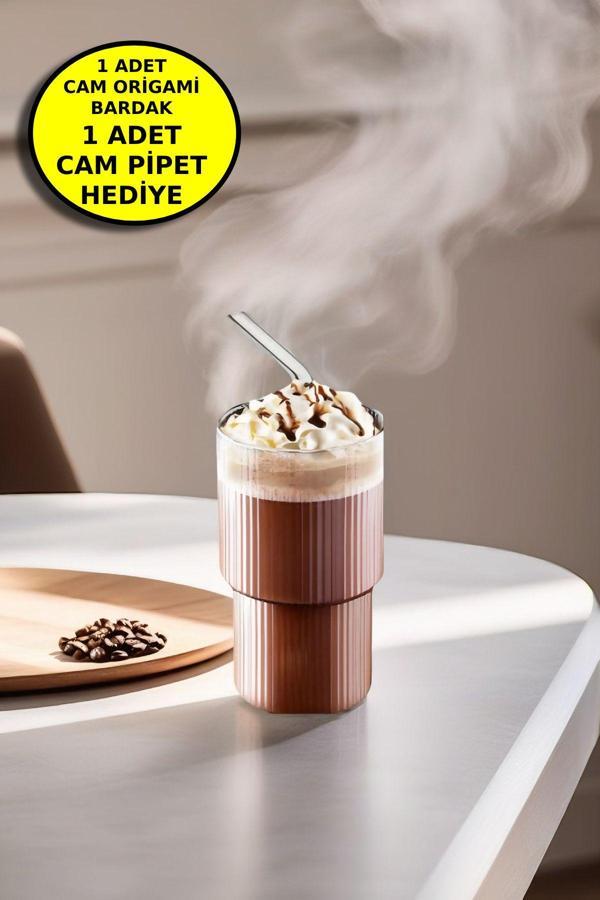 1 Adet Origami Cam Borosilikat Soğuk Kahve Kokteyl Meşrubat Bardak 300 Ml-1 Adet Cam Pipet Hediye - Image 1