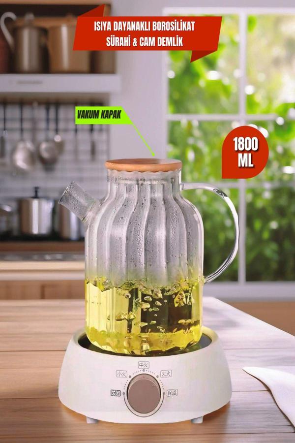 Lemonade Vakumlu Bambu Kapaklı Isıya Dayanıklı Borosilikat Sürahi & Cam Demlik, Süzgeçli Demlik - Image 1