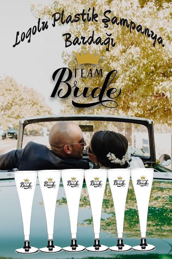 6'lı Logolu Plastik Gümüş Renk Ayaklı Şampanya Kadehi 6 Adet Parti Team Bride Kadeh Seti - Image 1