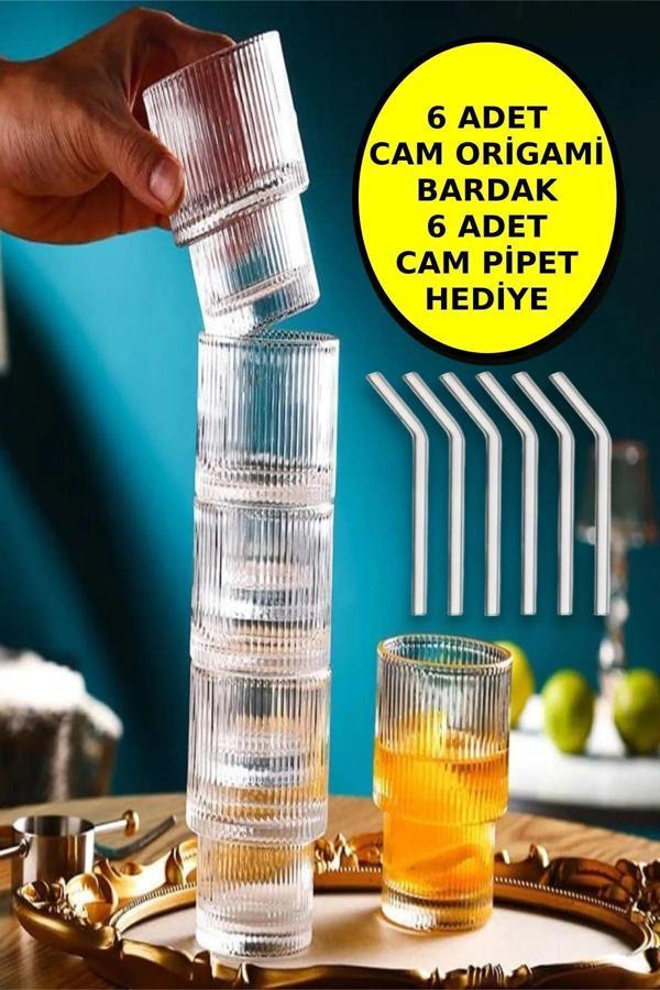 6'lı Origami Cam Model Borosilikat Kokteyl Meşrubat Bardak Seti 300 ml - 6 Adet Cam Pipet Hediyeli - Image 1