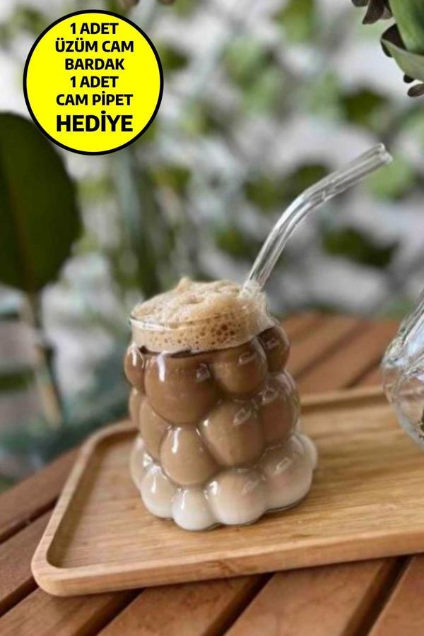 1 Adet Üzüm Model Borosilikat Kokteyl ve Soğuk-Sıcak Kahve Bardağı Pipet Hediyeli 350 Ml - Image 1