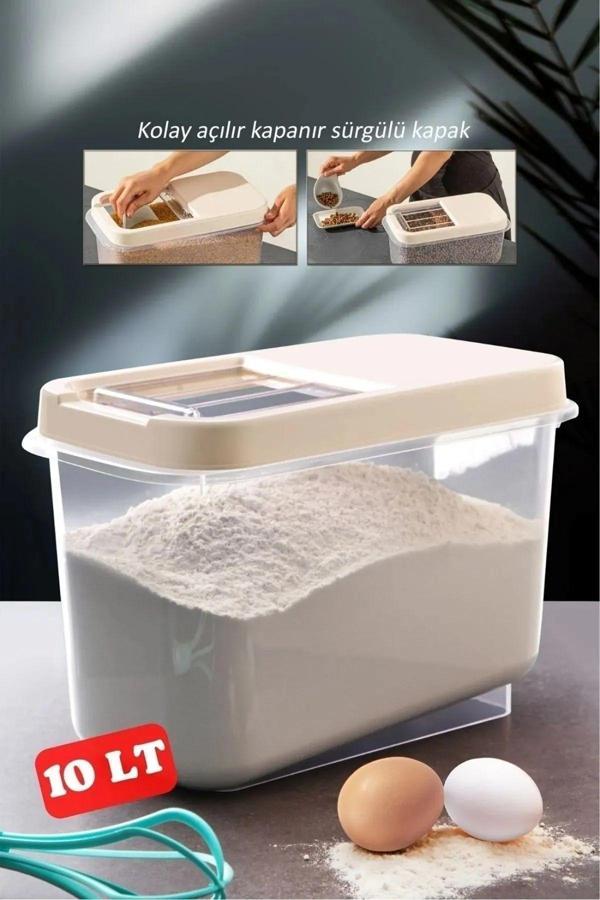 10 lt Bakliyat Saklama Kabı - Kayar Kapaklı Erzak Saklama Kabı Un Kabı Krem - Image 1