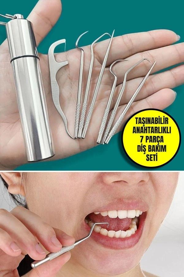 7 Parça Anahtarlıklı Paslanmaz Çelik Diş Tartar Sökücü Diş Temizleme Kiti Tartar Kireç Temizleyici - Image 1