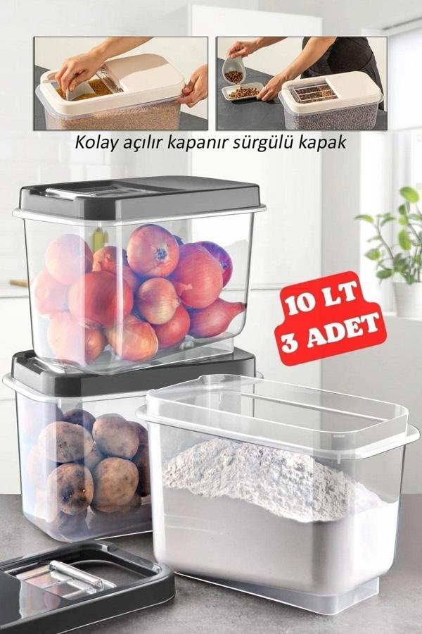 3 Adet 10 Lt Kolay Kayar Kapaklı Multibox Erzak Bakliyat Vs. Saklama Kabı Antrasit - Image 1