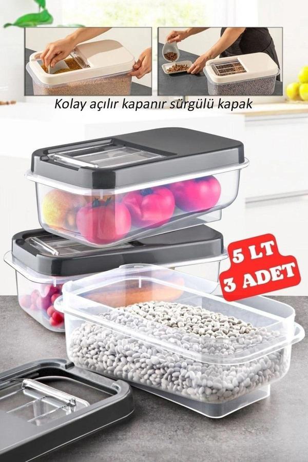 3 Adet 5 Lt Kolay Kayar Kapaklı Multibox Erzak Bakliyat Vs. Saklama Kabı Antrasit - Image 1