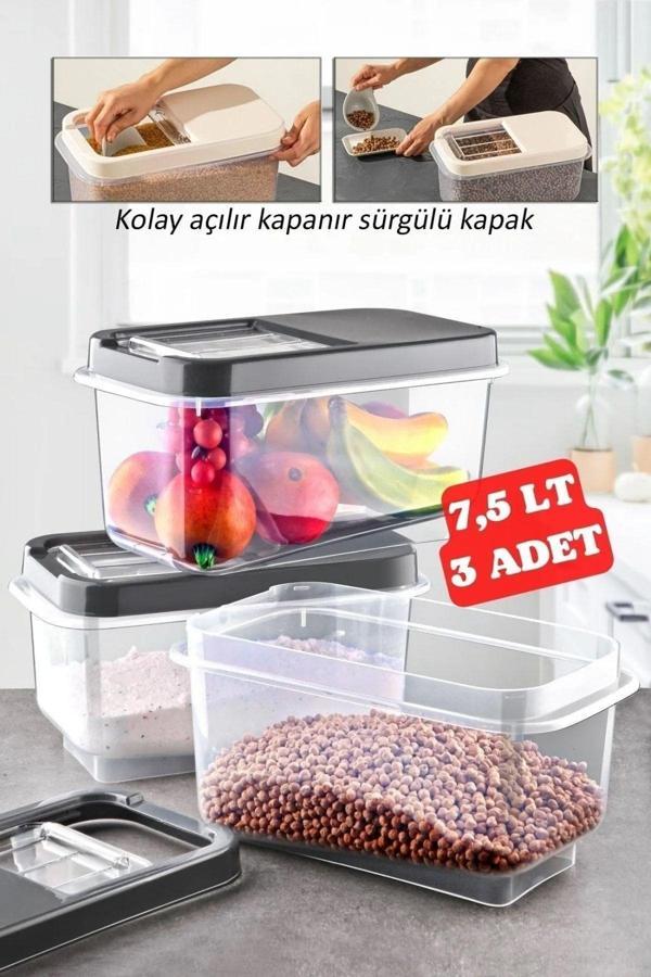 3 Adet 7,5 Lt Kolay Kayar Kapaklı Multibox Erzak Bakliyat Vs. Saklama Kabı Antrasit - Image 1