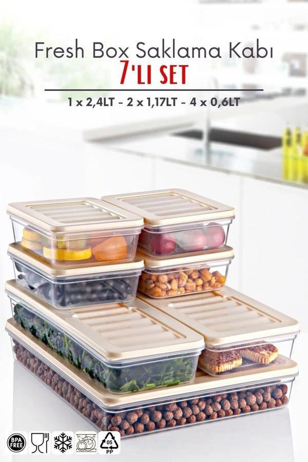 7'li Set Freshbox Mikroldaga Ve Difrize Uygun Saklama Kabı X1 2,4 Lt / X2 1,17 Lt / X4 0,6 Lt Krem - Image 1
