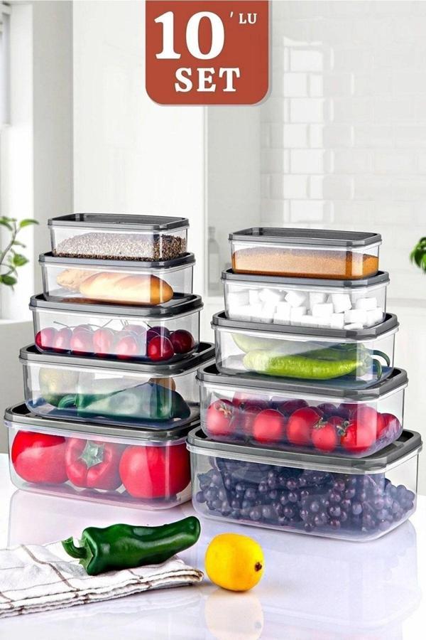 10'lu Set Embox Dikdörtgen Erzak, Gıda Saklama Kabı Antrasit - Image 1