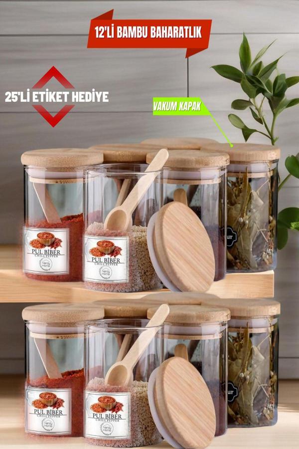 12 Adet Cam Vakumlu Bambu Kapaklı Borosilikat Baharatlık, Saklama Kabı, Çerezlik (200 ml) - Image 1