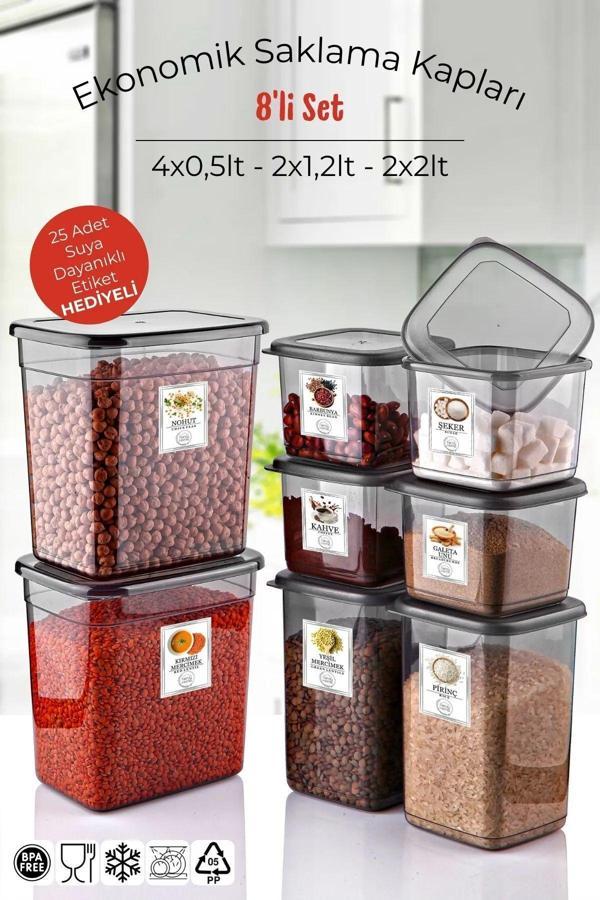8'li Set Saklama Kabı – Antrasit Renkli, Pratik ve Şık 2x2lt-2x1,2lt-4x550 ML - Image 1