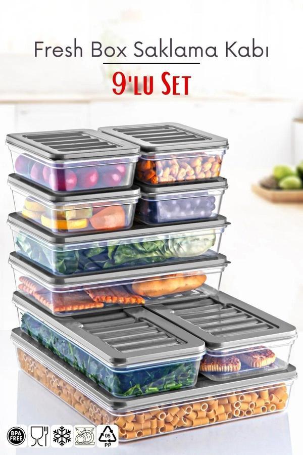 9 Lu Set Freshbox Mikrodalga Ve Difrize Uygun Saklama Kabı Gri - Image 1