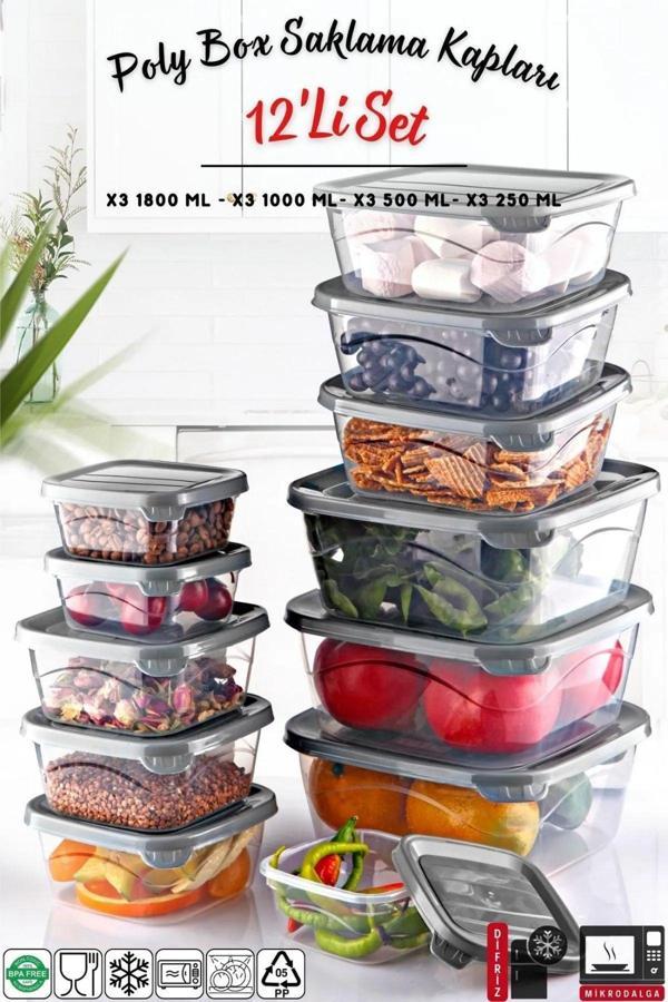 12 Li Set Kare Mikrodalga & Difriz Uyumlu Poly Saklama Kabı X3 0,25lt/0,5lt/1lt/1,8lt - Image 1