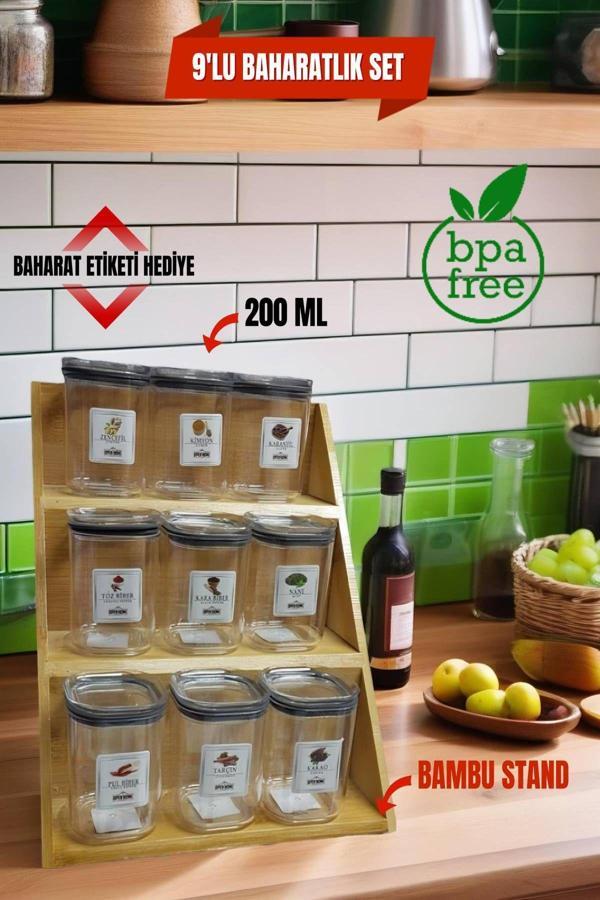 9'lu Baharatlık Set - Bambu Baharatlık - Baharat Etiketi Hediye - Image 1