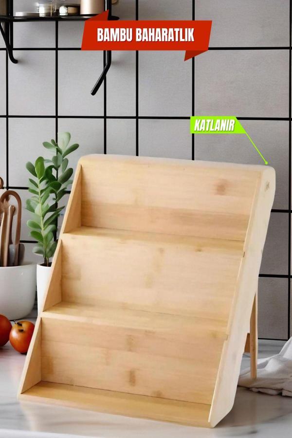 3 Katlı Bambu Katlanır Ayaklı Baharatlık Standı Çekmece İçi Baharatlık Standı, Bambu Organizer - Image 1
