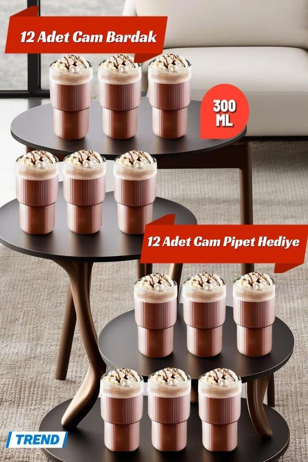 12'li Origami Cam Model Borosilikat Soğuk Kahve Kokteyl Meşrubat Bardak 300 Ml-12 Cam Pipet Hediye - Image 1