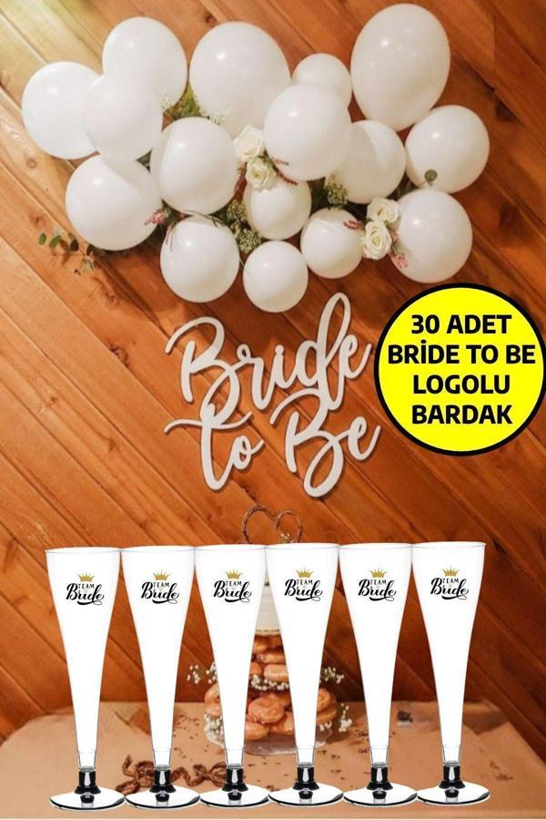 30'lu Logolu Plastik Gümüş Renk Ayaklı Şampanya Kadehi 30 Adet Parti Team Bride Kadeh Seti - Image 1