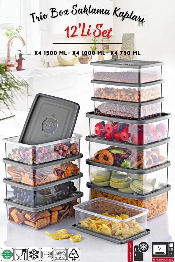 12'Li Set Dikdörtgen Mikrodalga & Difriz Uyumlu Trio Saklama Kabı X4 0,75 Lt/1 Lt/1,5 Lt - Image 1