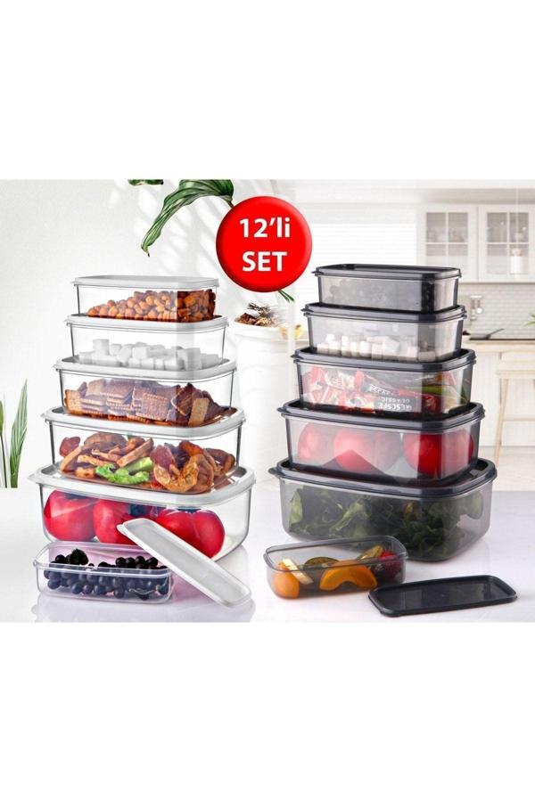 12'li Set Dikdörtgen Saklama Kabı Seti Siyah- Beyaz - Image 1