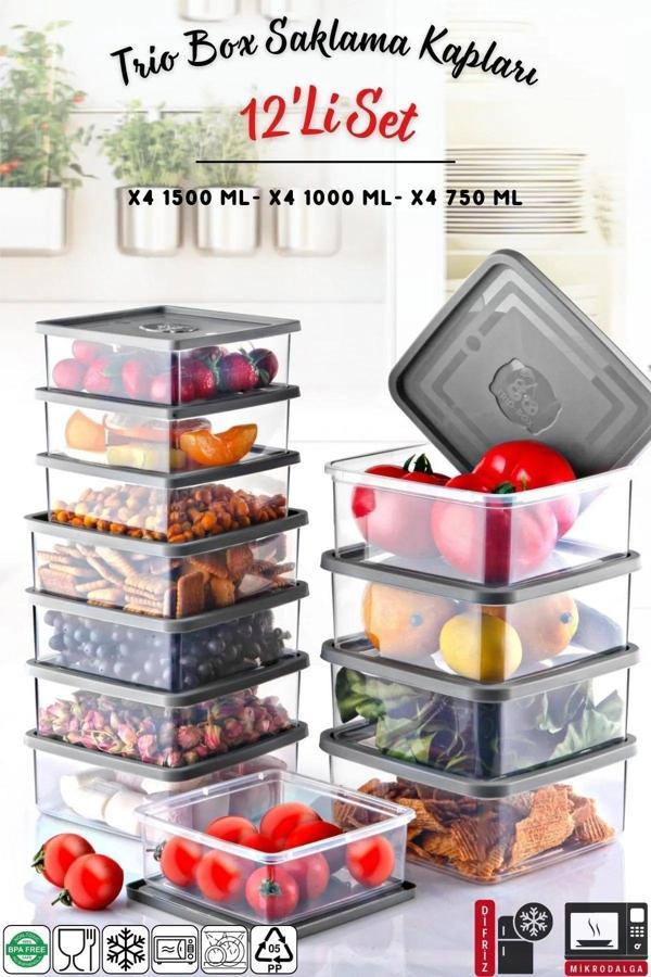12'Li Set Kare Mikrodalga & Difriz Uyumlu Trio Saklama Kabı X4 0,75 Lt/1 Lt/1,5 Lt - Image 1