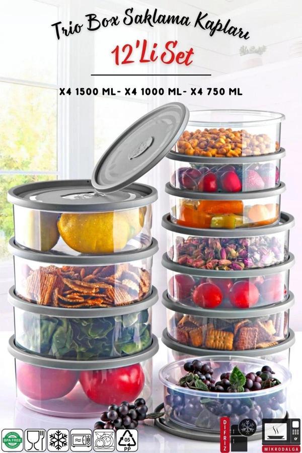 12'li Set Yuvarlak Mikrodalga & Difriz Uyumlu Trio Saklama Kabı X4 0,75 Lt/1 Lt/1,5 Lt - Image 1