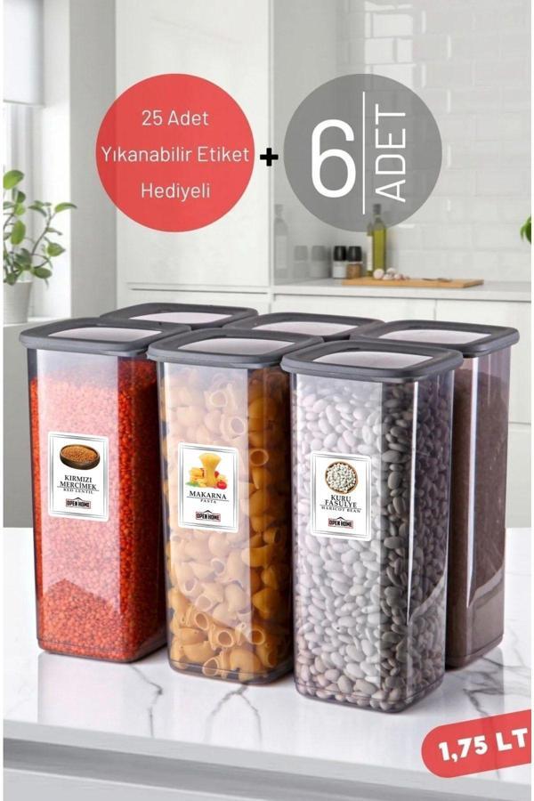 Suya Dayanıklı Etiketli, 6 Adet 1,75 Lt Kırılmaz Kare Erzak Saklama Kabı Antrasit - Image 1