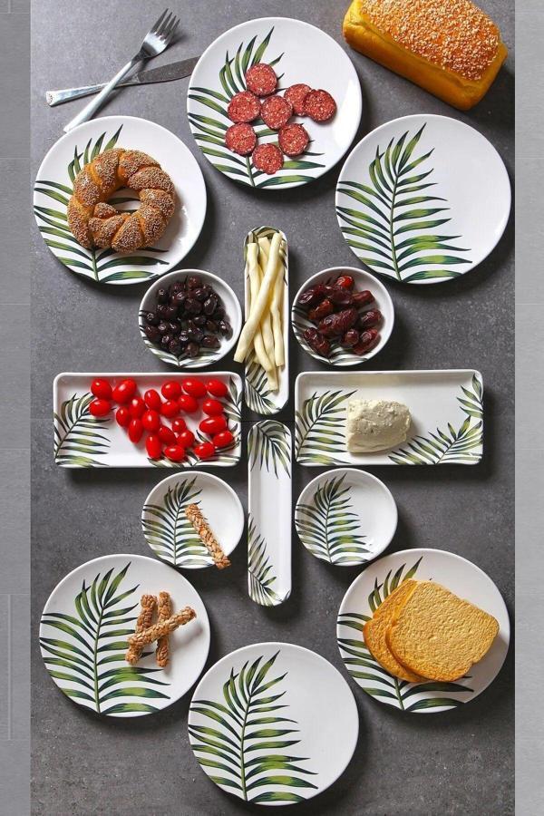 14 Parça 6 Kişilik Handmade Dağ Palmiyesi Desen Kahvaltı Takımı - Lüx Kahvaltılık Sunum Seti - Image 1