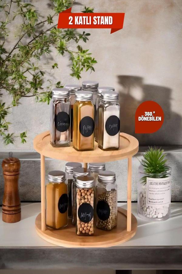 360° Dönen Bambu  2 Katlı Baharatlık Düzenleyici , Sunumluk, Organizer, Katlı Stant - Image 1