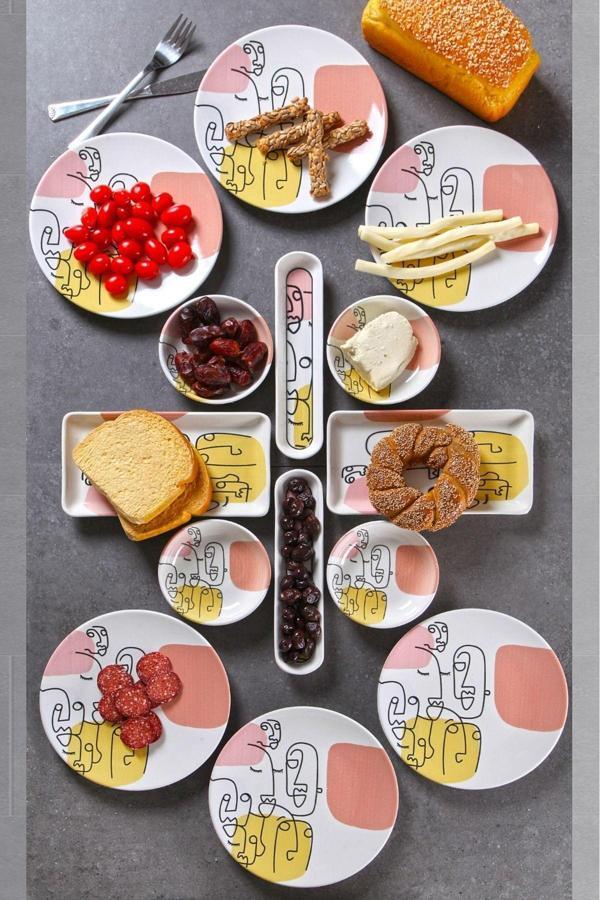 14 Parça 6 Kişilik Handmade Demet Desen Kahvaltı Takımı - Lüx Kahvaltılık Sunum Seti - Image 1