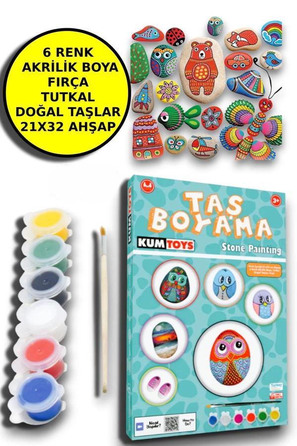 Taş Boyama Seti- Doğal Taşlar-Akrilik Boya-Fırça-Ahşap Hepsi Bir Arada Muhteşem Set - Image 1