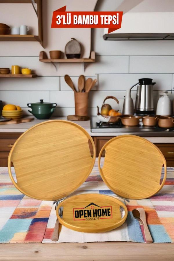 3'lü Bambu Oval Tepsi, Servis Tepsileri, Iskandinav Tepsi Seti, Çay Tepsisiı - Image 1