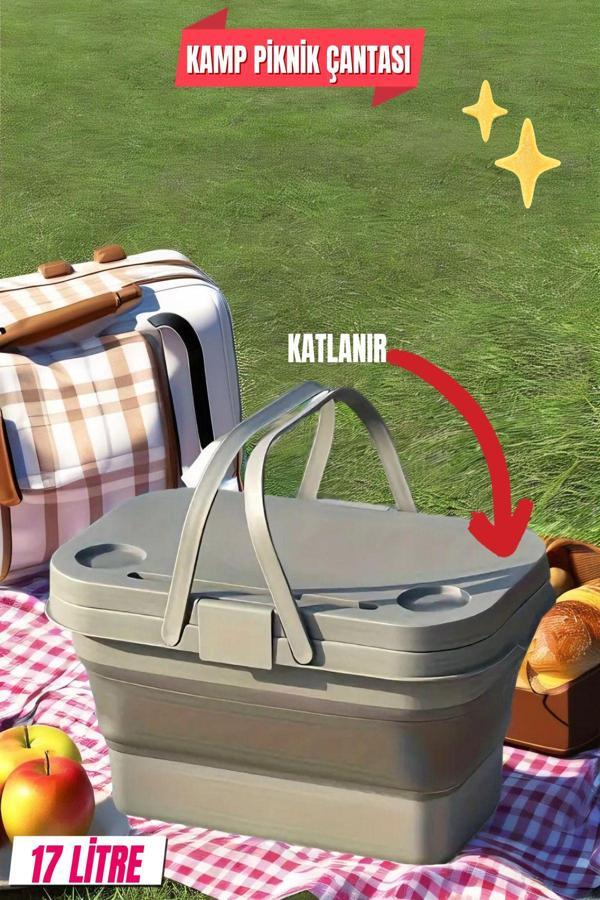 17 Litre Gri Katlanır  Piknik Kamp Çantası Sepeti - Image 1