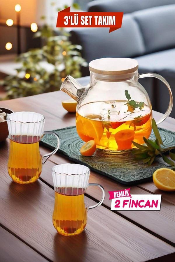 3'lü Set 1 Adet Cam Demlik 1000 ml - 2 Fincan 225 ml Takım - Model 2 - Image 1