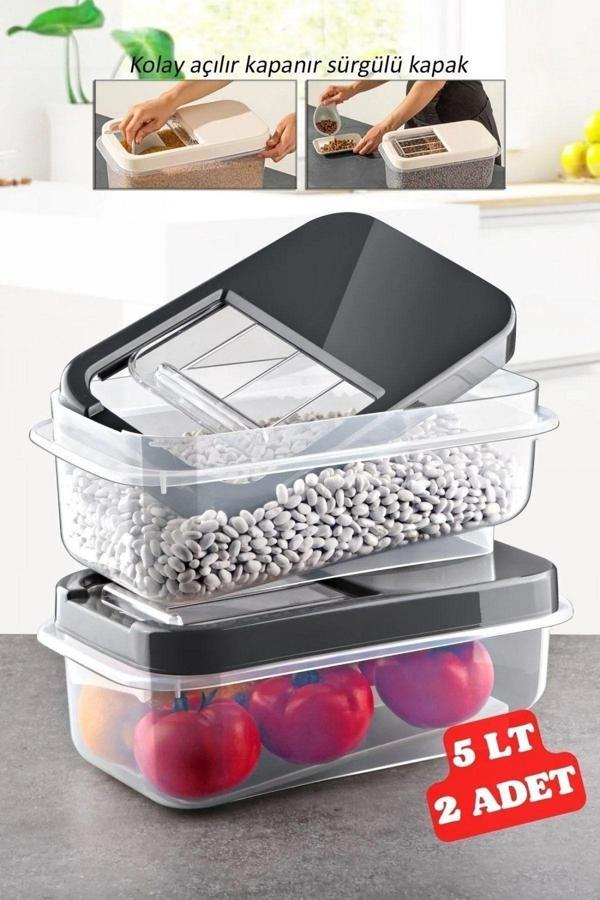 2 Adet 5 Lt Kolay Kayar Kapaklı Multibox Erzak Bakliyat Vs. Saklama Kabı Antrasit - Image 1