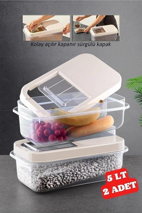 2 Adet 5 Lt Kolay Kayar Kapaklı Multibox Erzak Bakliyat Vs. Saklama Kabı Krem - Image 1