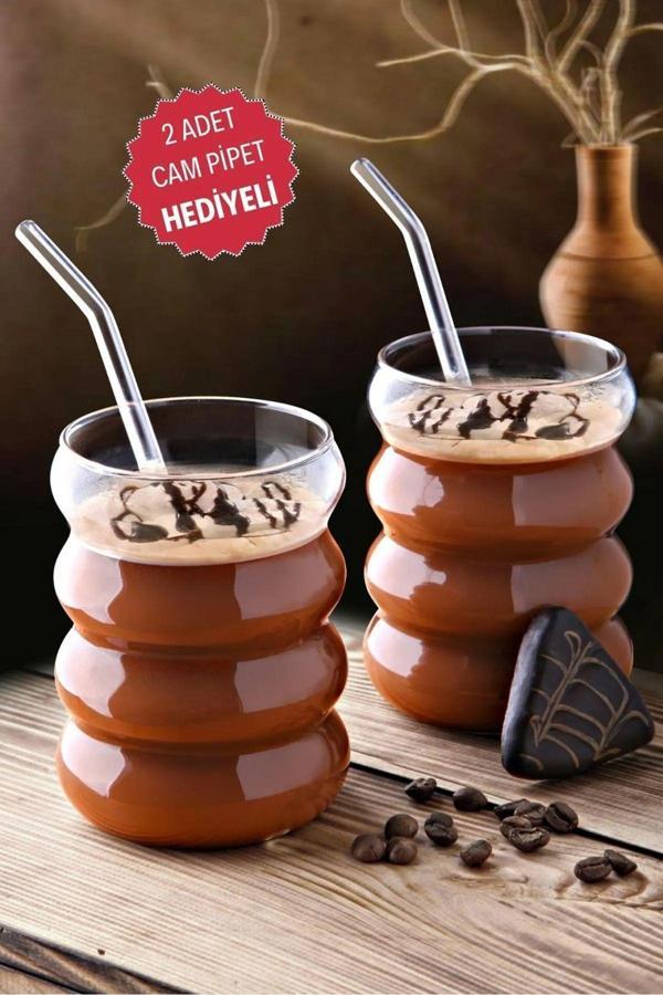 2 Adet Boğumlu Model Borosilikat Kokteyl ve Soğuk-Sıcak Kahve Bardağı Pipet 350Ml - Image 1