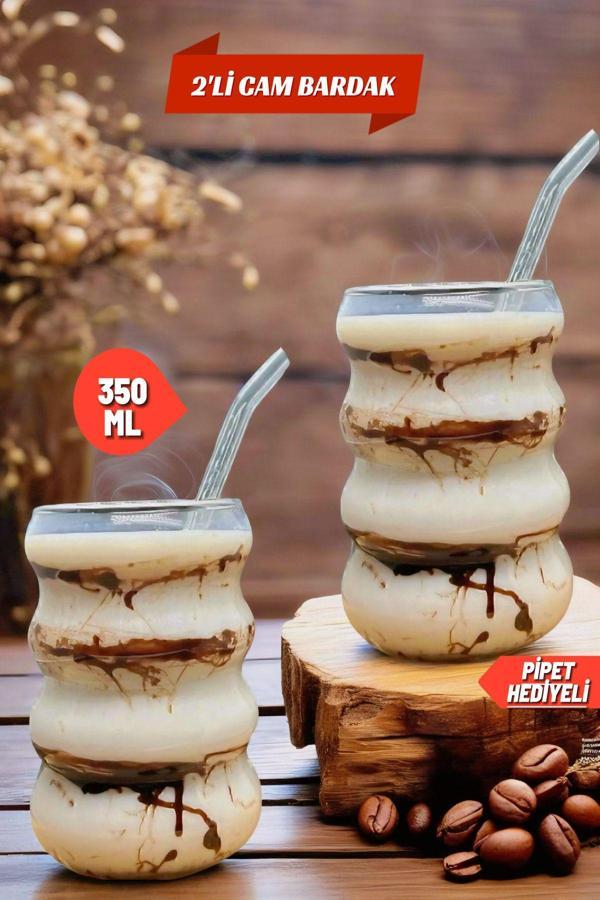 2 Adet Borosilikat Boğumlu Model Kokteyl ve Soğuk-Sıcak Kahve Bardağı Pipet 350ML - Image 1