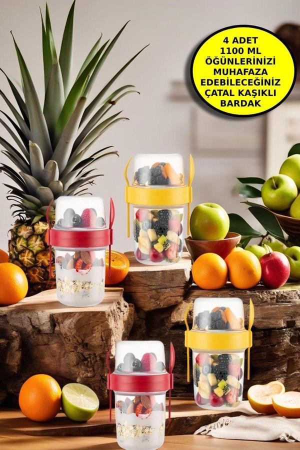 4 ADET Diyet & Kahvaltı için Çatal & Kaşıklı Kapaklı Yoğurt Müsli Salata Meyve Saklama Kabı - 1100ml - Image 1